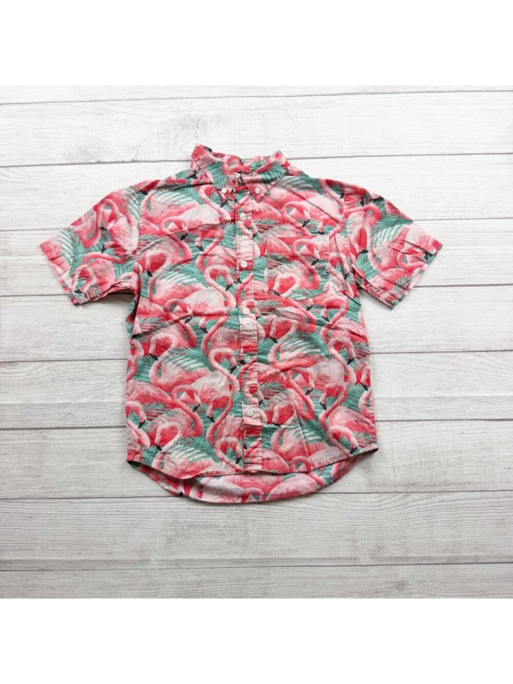 Old Navy Boys Flamingo Print Button Up Shirt Tropical Built-In Flex L 10-12